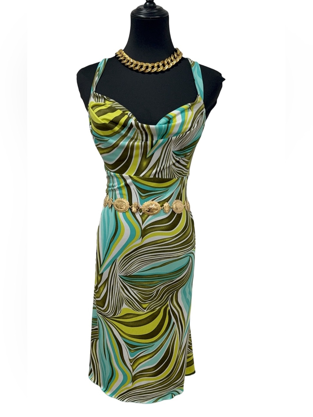 Sleeveless Swirl-Print Midi Dress in Teal & Olive size L